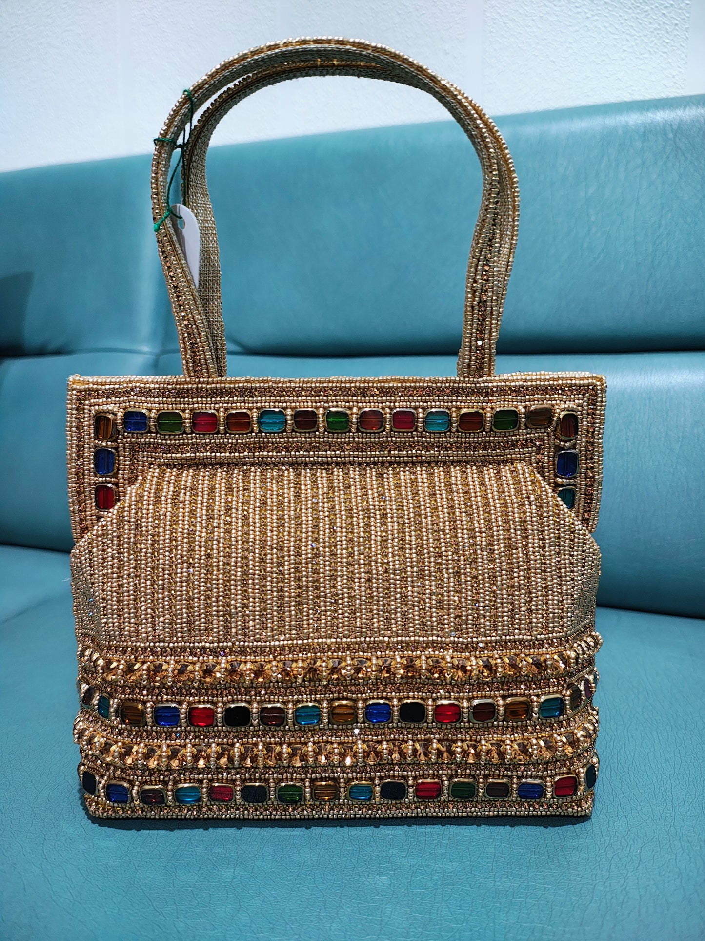 Handcrafted White Beaded Flap Handbag with Colorful Gemstone Accents - Intricate Artisan Evening Clutch
